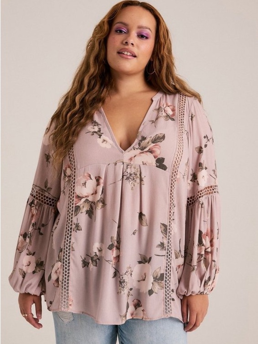 Torrid Festi Beige Floral Inset Gauze V-Neck Peasant Top